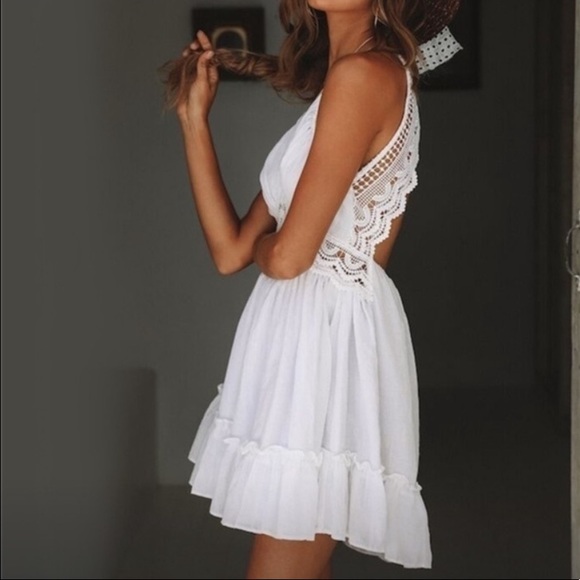 White Crochet Lace Open Back Boho Mini Dress - Picture 11 of 11
